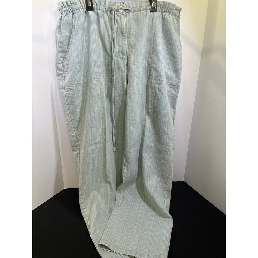 Light Blue Pinstripe Chambray Elastic Waist Drawstring Pants Relaxed Fit 18W
